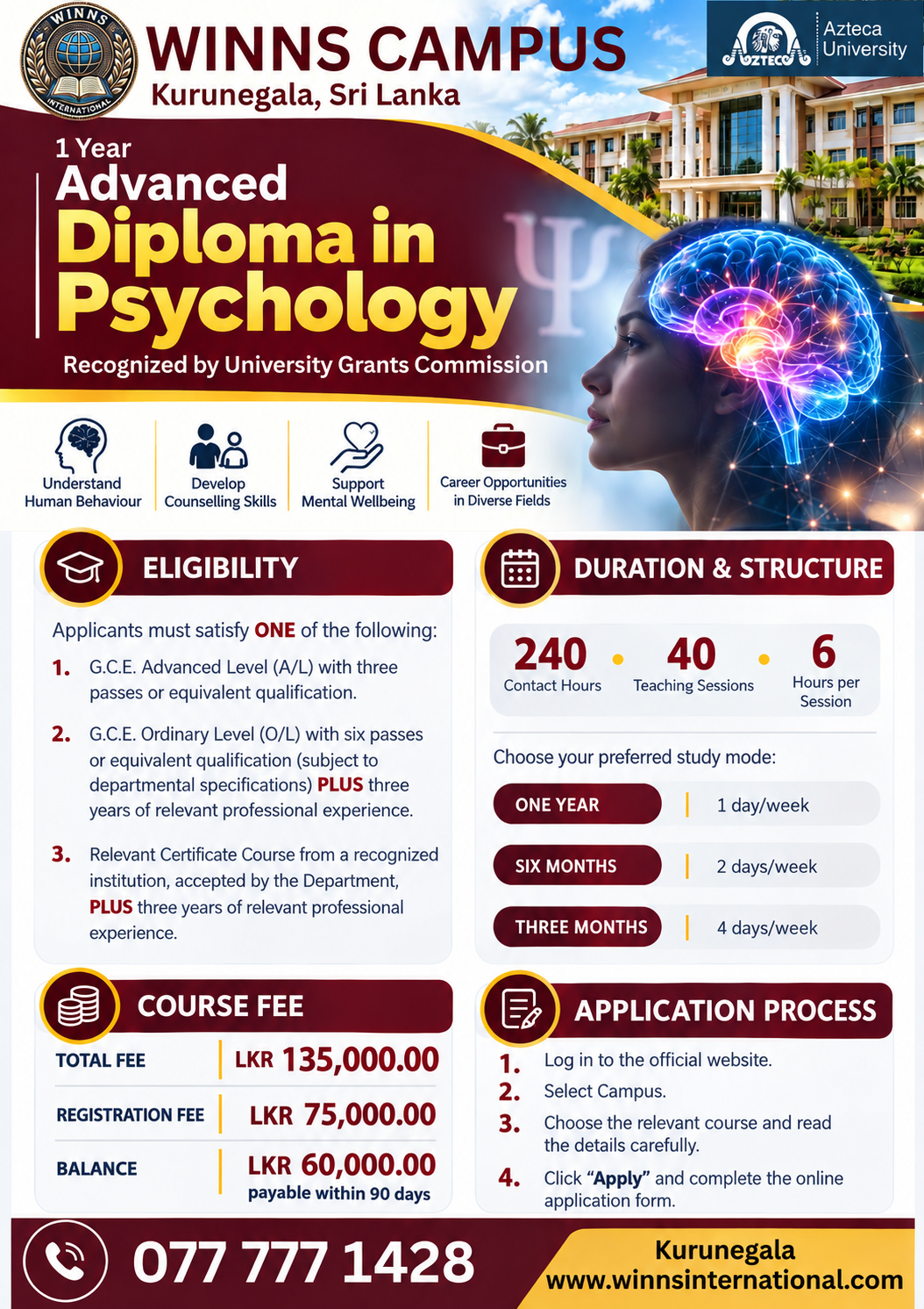 Advanced Diploma in Psychology course flyer